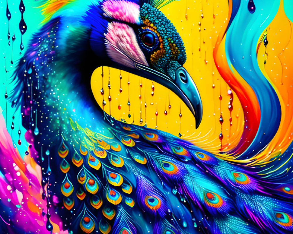 Colorful Peacock Digital Art with Dripping Paint Effects