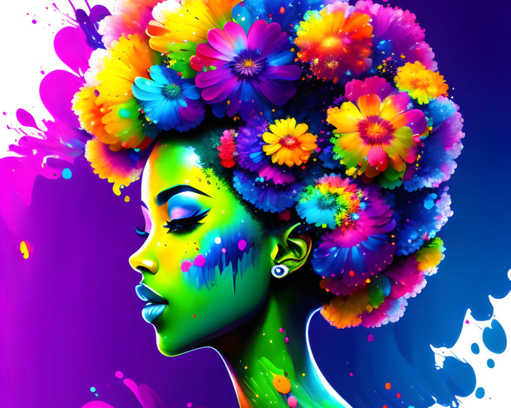 Colorful Digital Artwork: Woman's Profile with Flower Hair