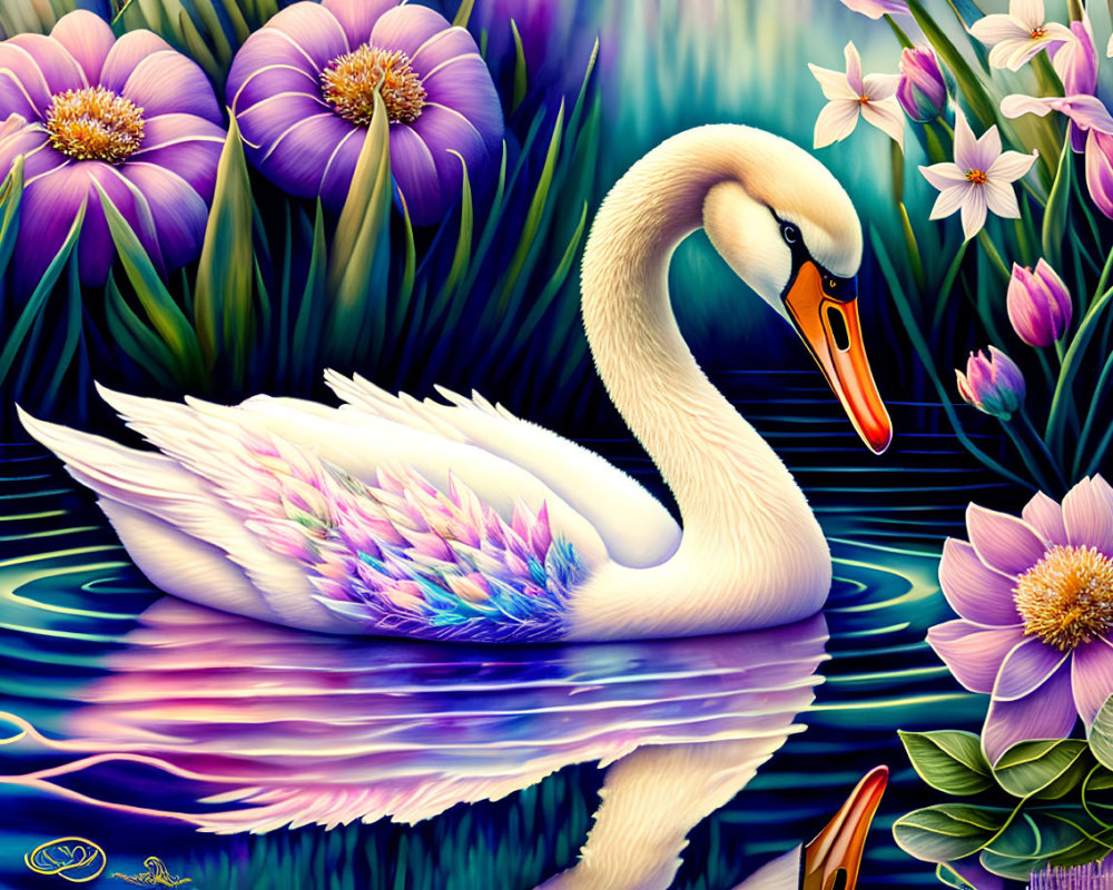 Colorful Swan Illustration Gliding on Water with Flowers