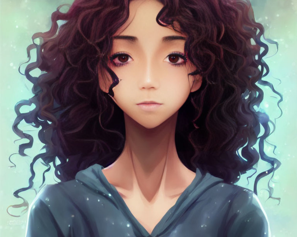 Digital artwork: Girl with curly dark hair, brown eyes, blue hoodie on starry background