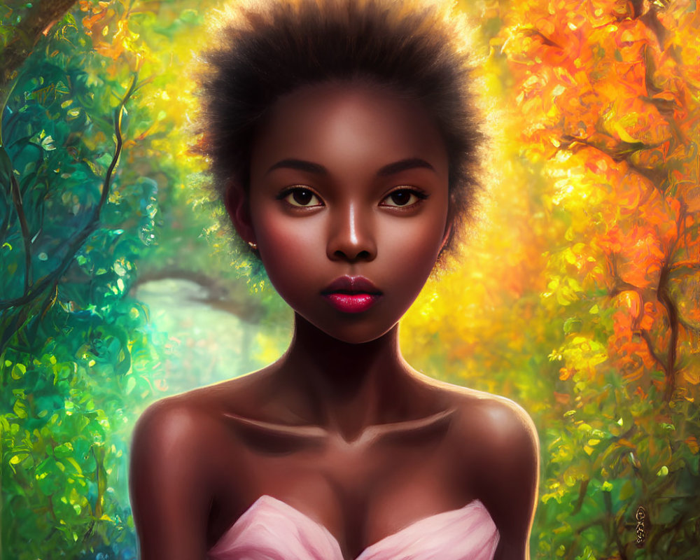 Vibrant Afro Woman Portrait Against Autumn Backdrop