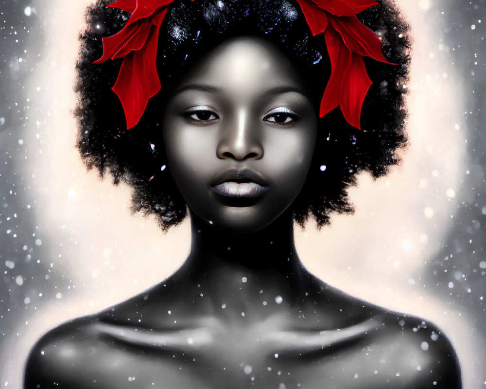 Woman with Afro Hairstyle and Red Flowers in Snowy Portrait