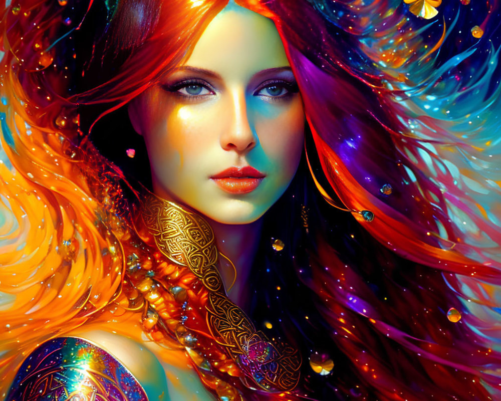 Colorful digital artwork: Woman with red hair, cosmic background, gold jewelry, nature elements