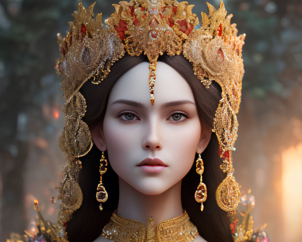 Detailed golden crown and traditional jewelry on woman against blurred natural background