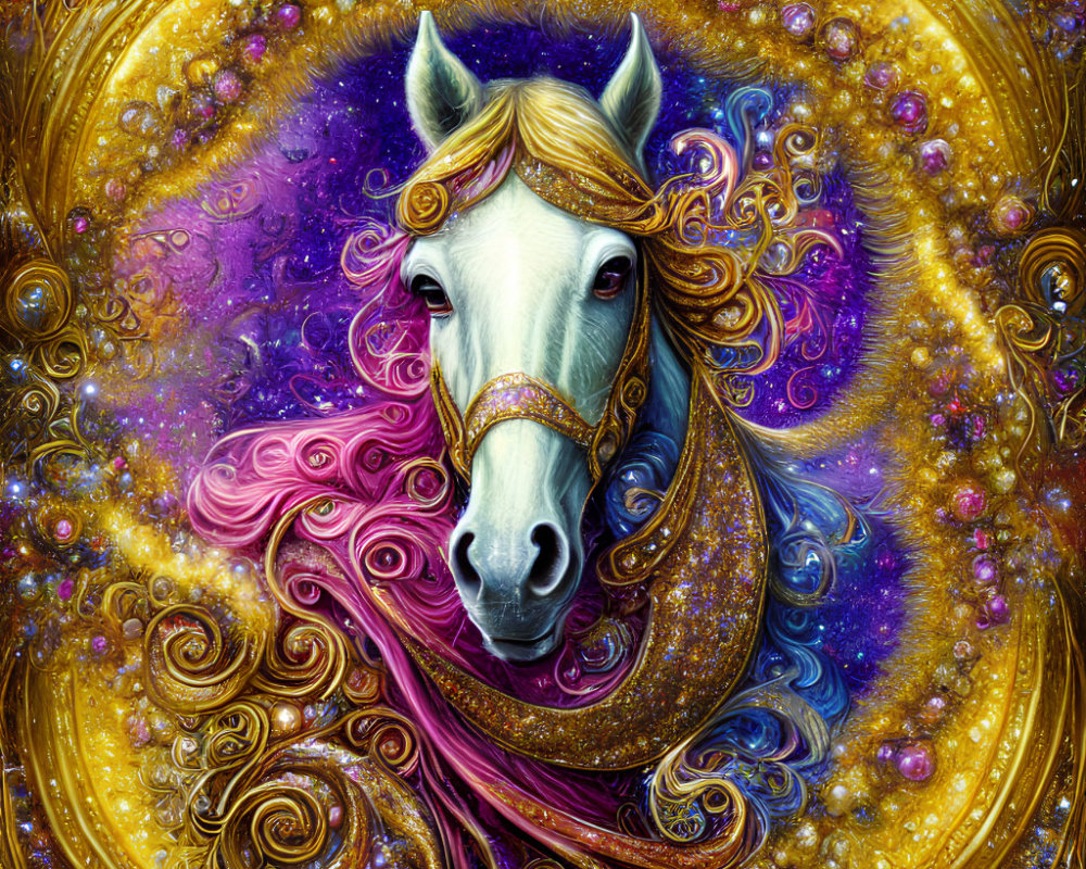 Majestic white horse with golden mane in cosmic fantasy scene