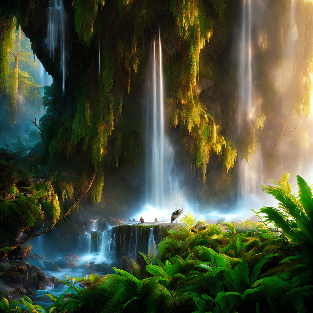 Tranquil waterfall in lush greenery with sunbeams
