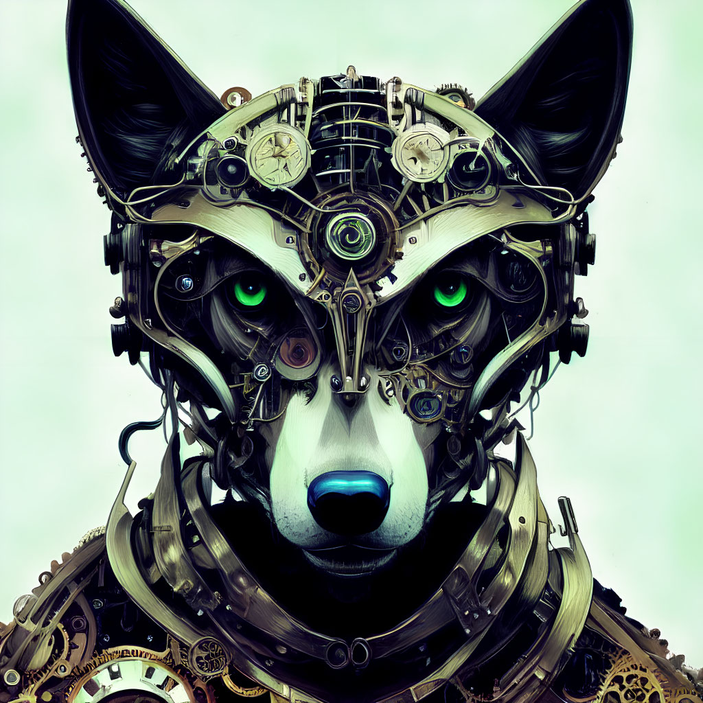 Detailed steampunk mechanical dog illustration with gears and green eyes