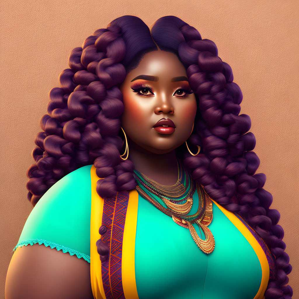 Voluminous purple braided hair, golden earrings, colorful outfit with green, yellow, and blue