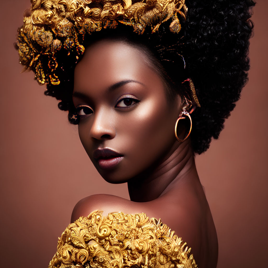 Golden headdress woman portrait on warm brown background symbolizes elegance