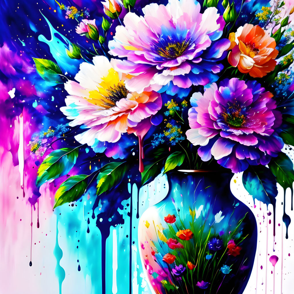 Colorful Flower Bouquet Artwork with Dripping Paint on Abstract Background