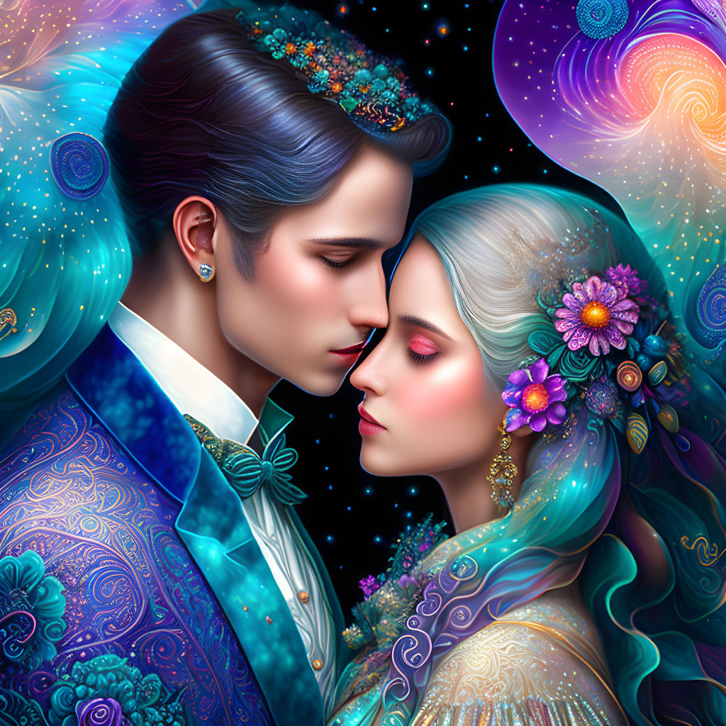 Illustrated portrait of couple in decorative attire embracing against cosmic backdrop.