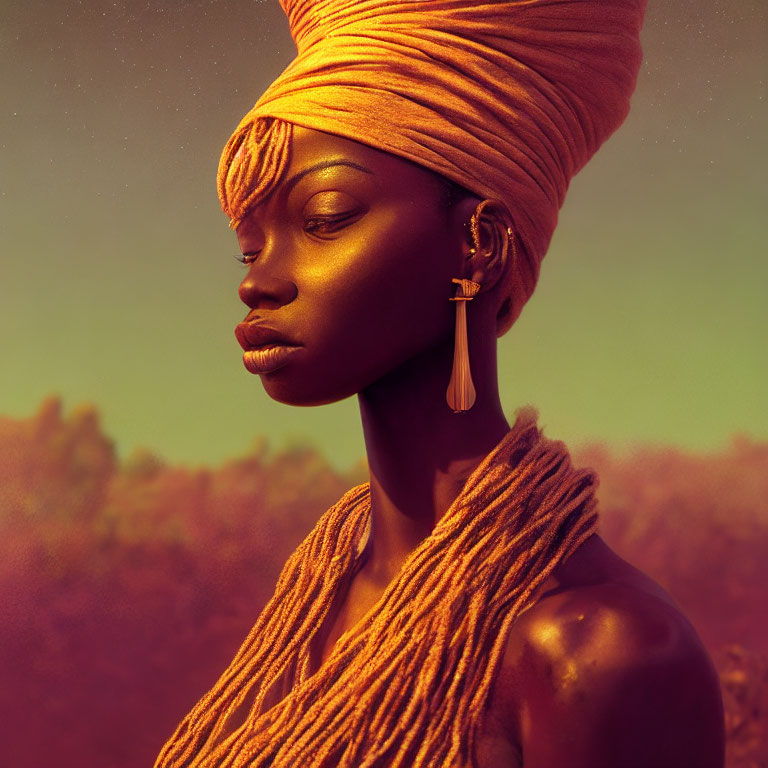 Profile view of woman with turban and large earring on warm golden backdrop