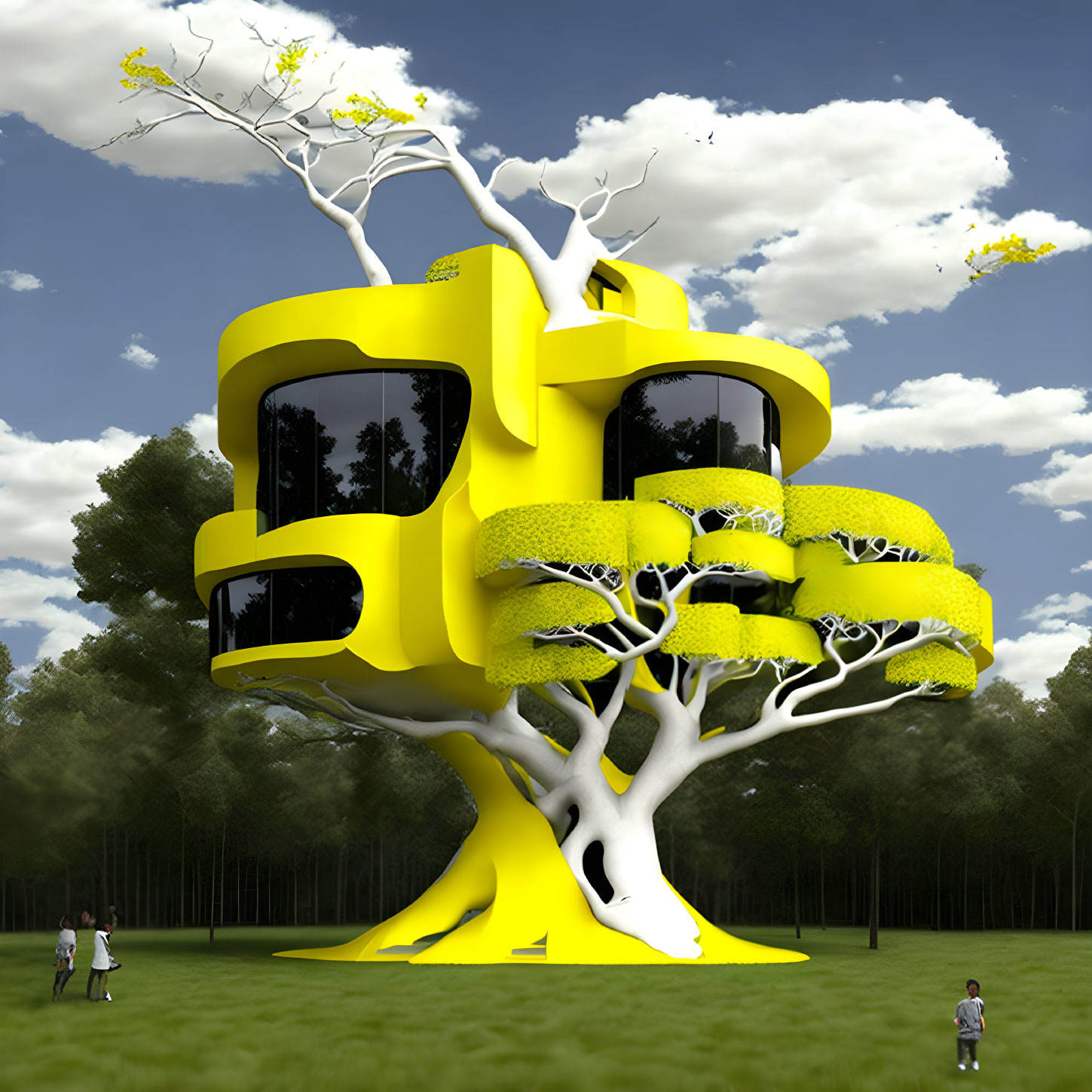 Yellow tree-shaped building with large windows in green meadow with people for scale