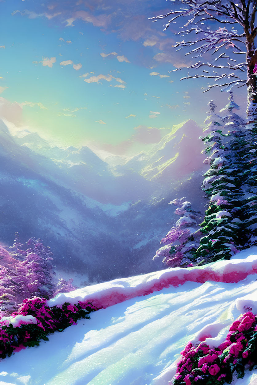 Snow-covered winter landscape with pink flowering bushes and distant mountains under soft sunlight