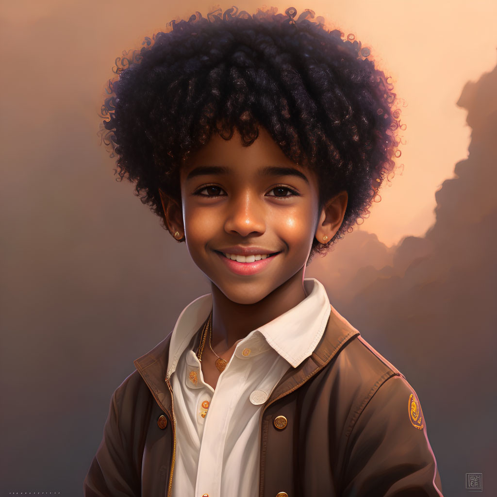 Smiling young child with curly hair in brown jacket portrait