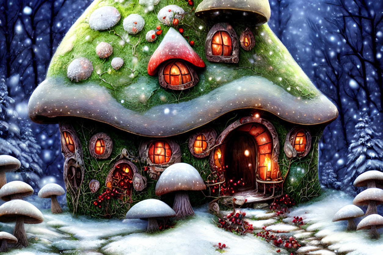 Whimsical illustration of cozy mushroom house in snowy forest