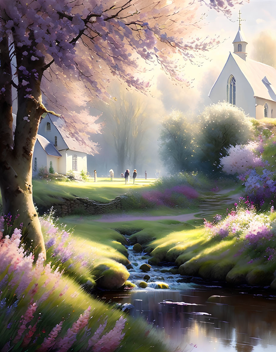 Serene landscape with church, blooming trees, stream, and two people