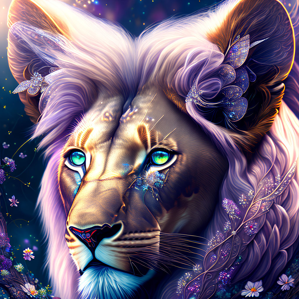 Majestic lion with blue eyes, purple florals, butterflies on starry background