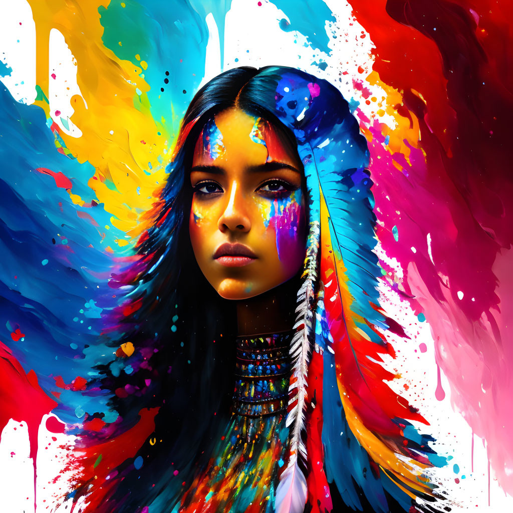 Colorful Paint Splashes Surrounding Woman in Dynamic Portrait
