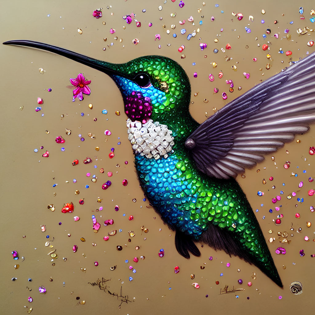 Colorful Hummingbird Mid-Flight with Sequin-Like Textures on Tan Background