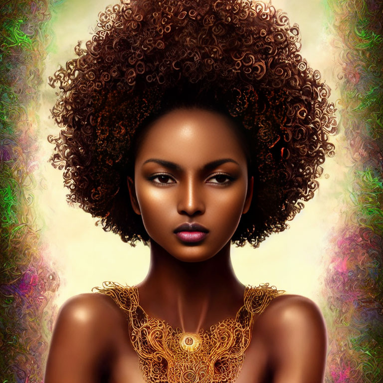 Digital portrait of woman with voluminous curly afro and bronze skin wearing gold jewelry on colorful abstract background