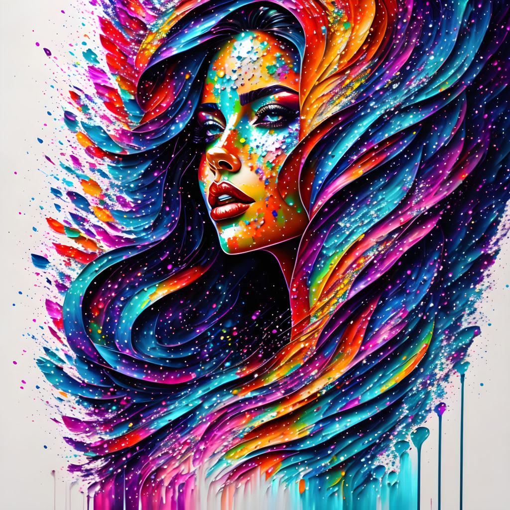 Colorful Portrait of Woman with Flowing Hair and Paint Splashes