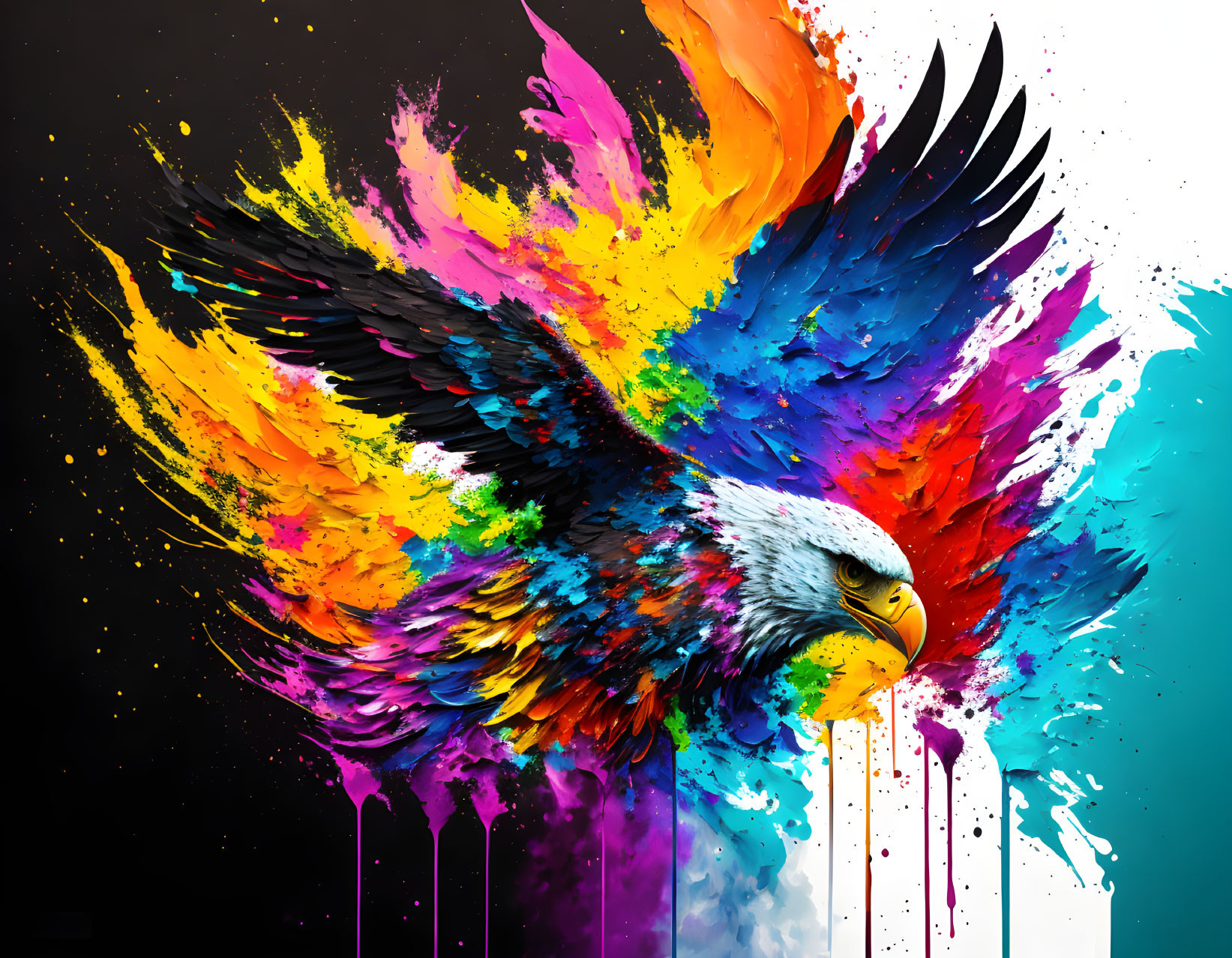 Colorful Eagle Soaring Amid Rainbow Splashes on Black Background