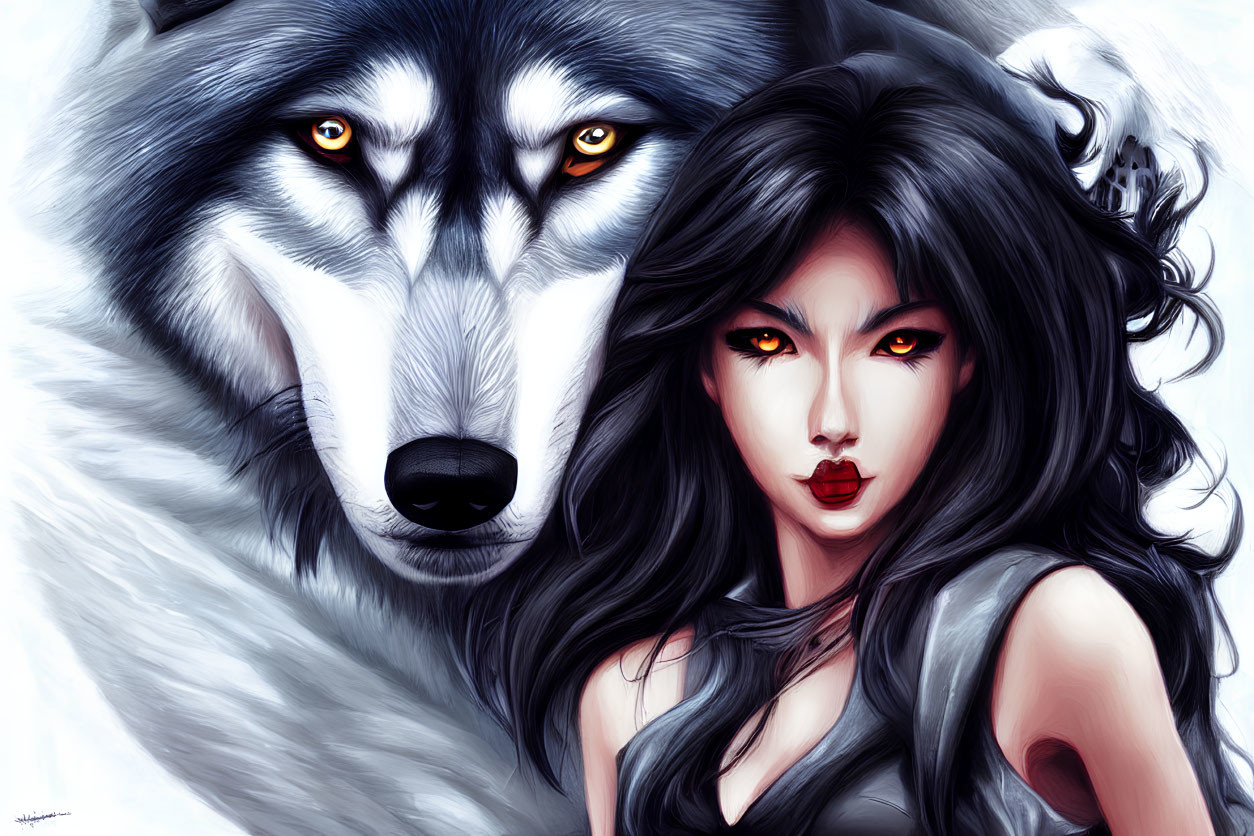 Digital artwork of mythical woman and intense-eyed wolf on white background