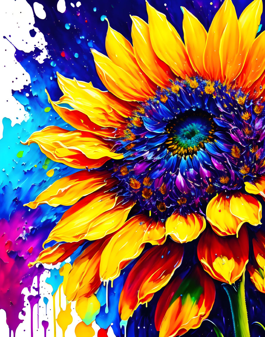 Colorful Sunflower Painting with Blue and Purple Background