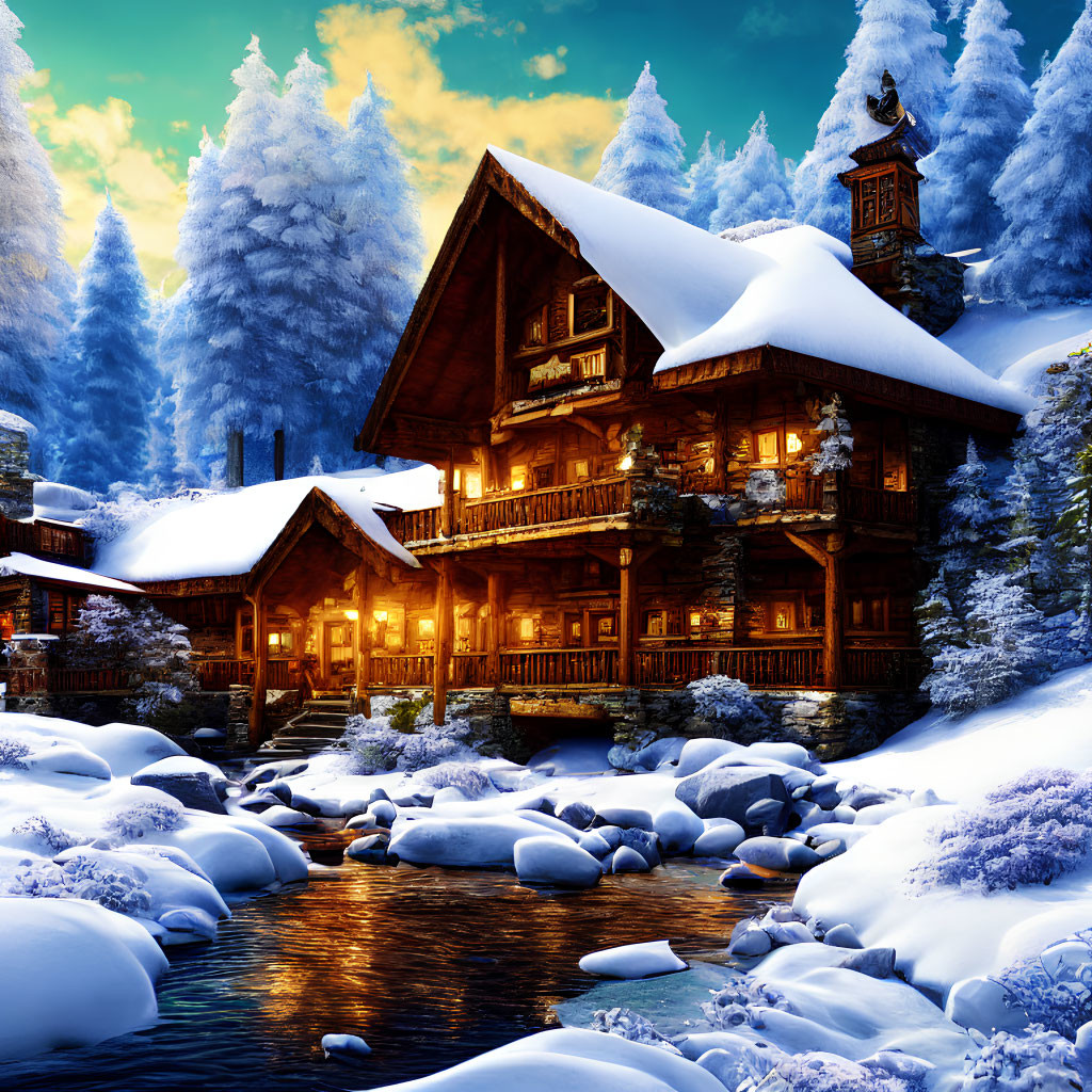 Snowy forest cabin in illuminated windows, nestled by stream.