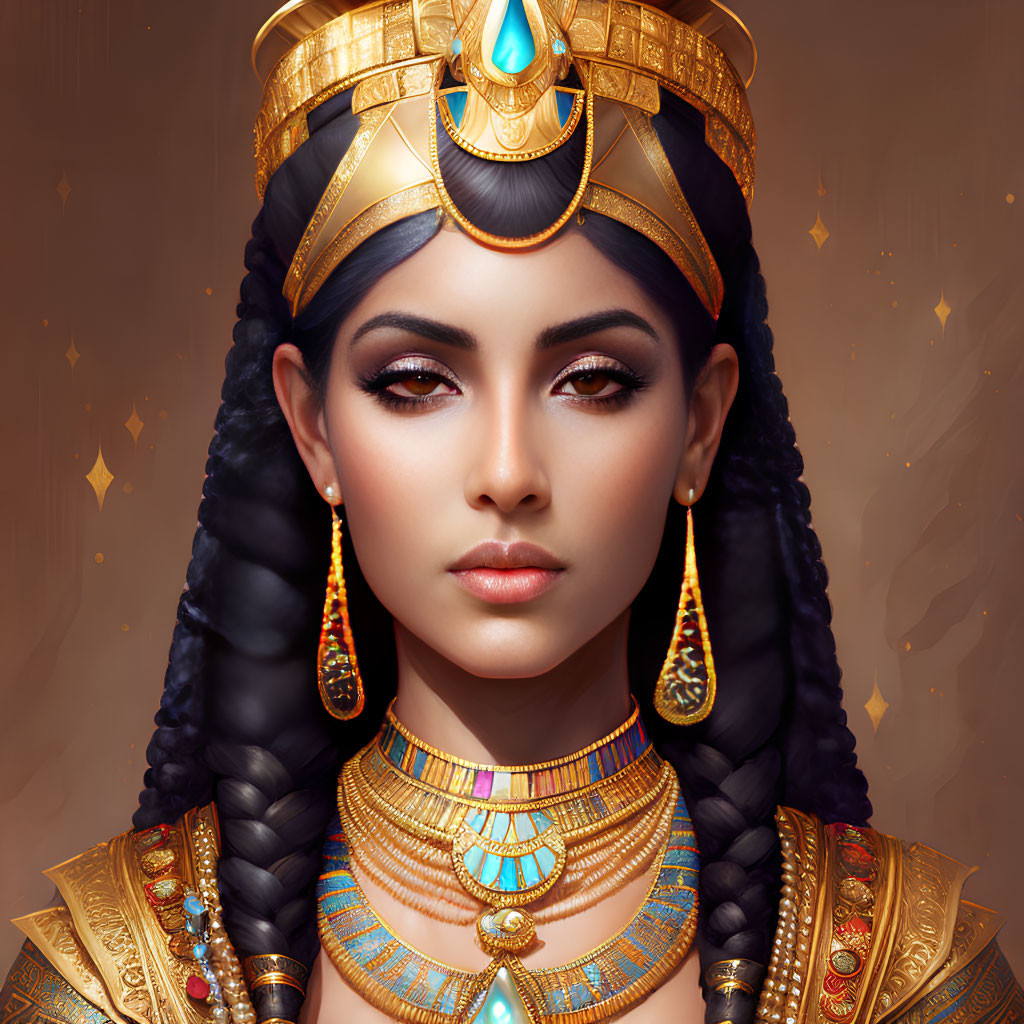 Digital portrait of woman in Ancient Egyptian headdress and gold jewelry