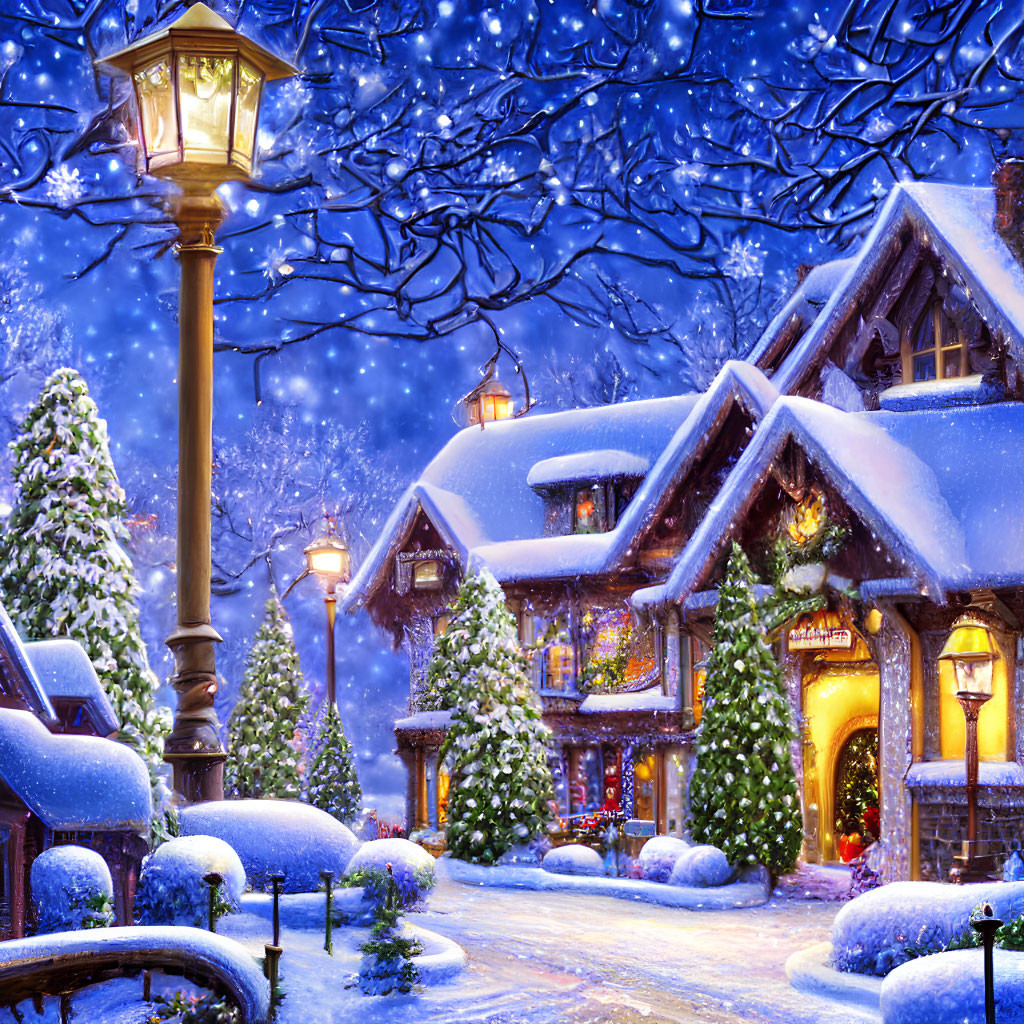 Snowy Evening Scene: Festive Lights Adorn Quaint Cottage