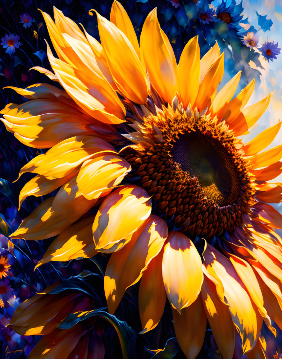 Vibrant sunflower painting with dramatic light and shadow