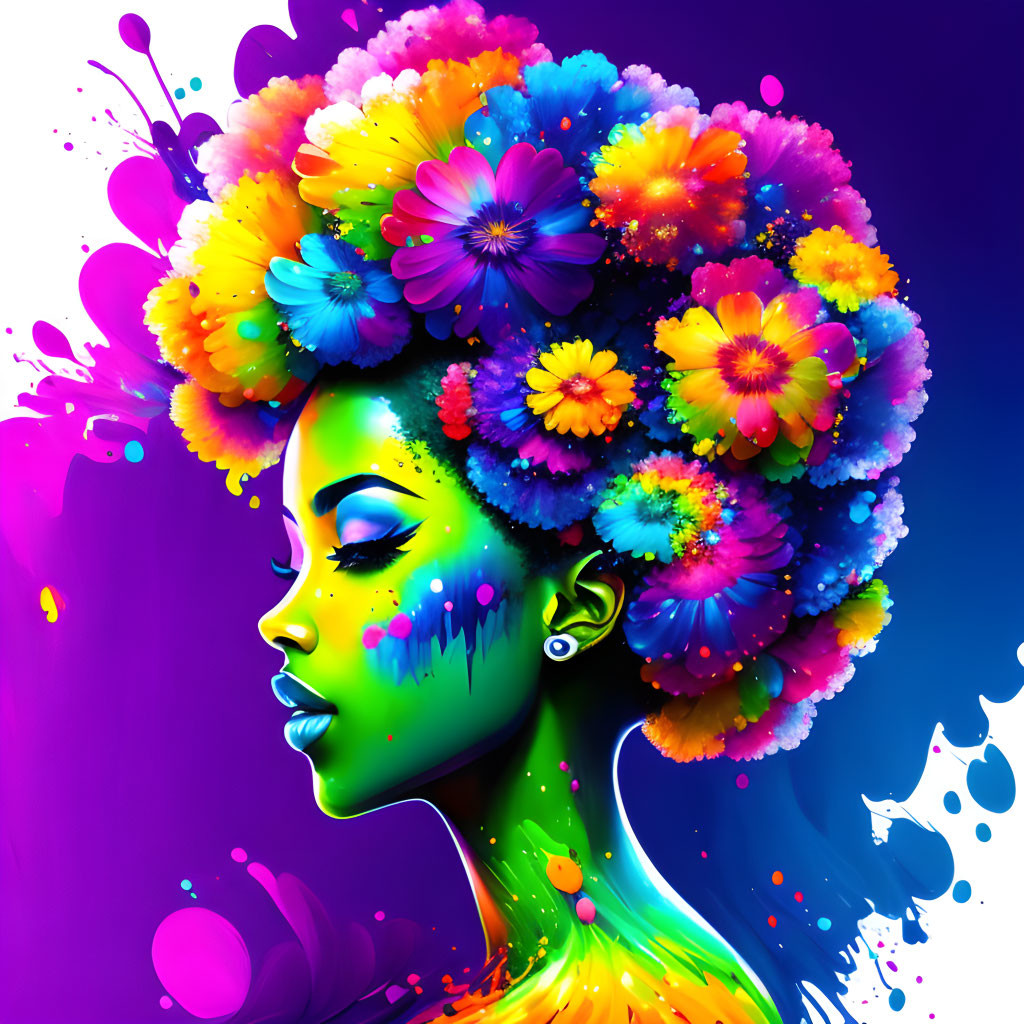 Colorful Digital Artwork: Woman's Profile with Flower Hair