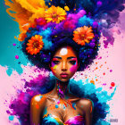 Colorful digital artwork of woman with floral explosion