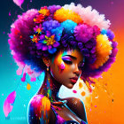 Colorful digital artwork of woman with floral headdress & paint splashes