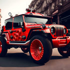 Custom Red Jeep Wrangler with Oversized Wheels and Extra Lighting in Urban Setting