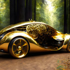Futuristic gold-colored car in forest setting with organic design lines