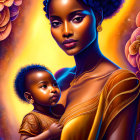 Warm-toned digital artwork featuring woman and child in golden attire with floral surroundings