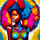 Colorful digital artwork: Woman with voluminous afro hairstyle on bright blue backdrop