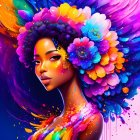 Colorful Digital Artwork: Woman with Flower and Paint Integration