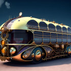 Futuristic steampunk-style bus in desert with brass and copper details