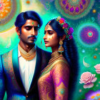 Traditional Indian couple illustration with vibrant ornate background