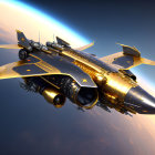 Golden futuristic spaceship with intricate designs and sharp wings against blue-orange backdrop