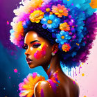 Colorful digital artwork of woman with paint strokes and floral hair decoration
