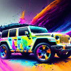 Colorful Jeep with paint splatter design on vibrant background.