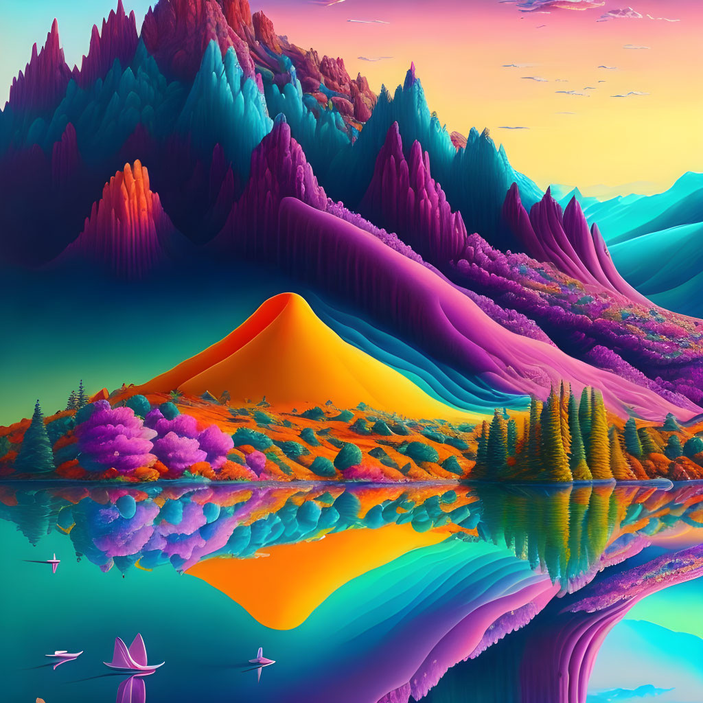Colorful surreal landscape with jagged mountains and pastel sky reflected in lake