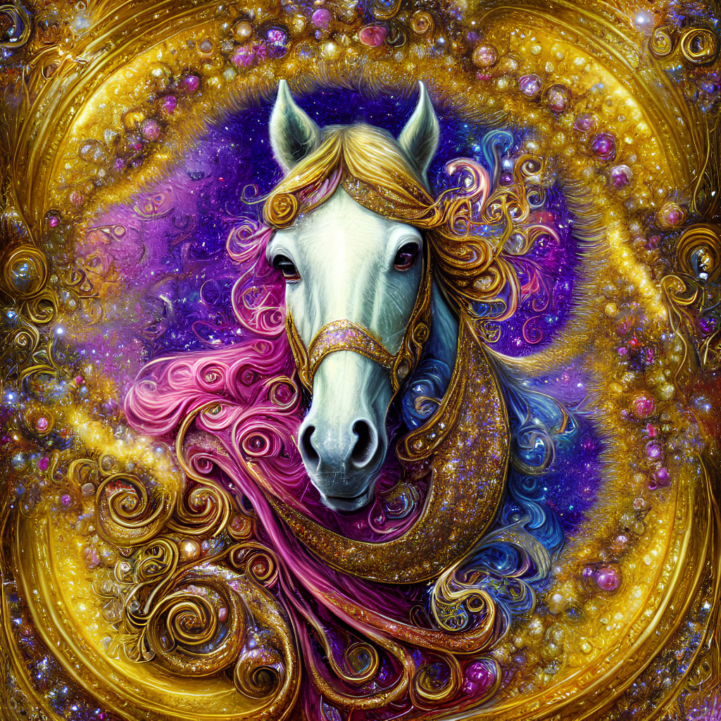 Majestic white horse with golden mane in cosmic fantasy scene
