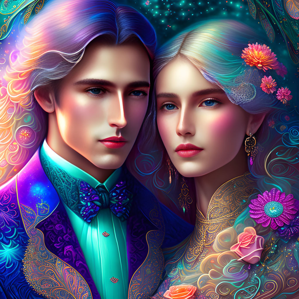Colorful Man and Woman in Ornate Attire on Psychedelic Floral Background