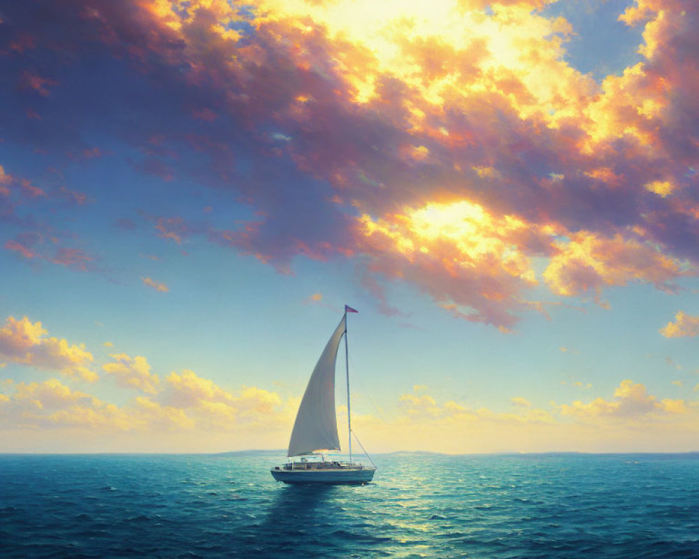 Sailboat sailing on serene sea with golden-hued sunset sky